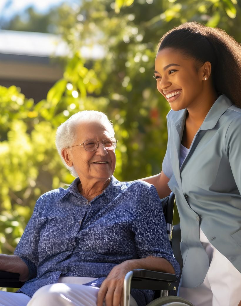 Caring Nurse Assisting Elderly Patient Outdoors